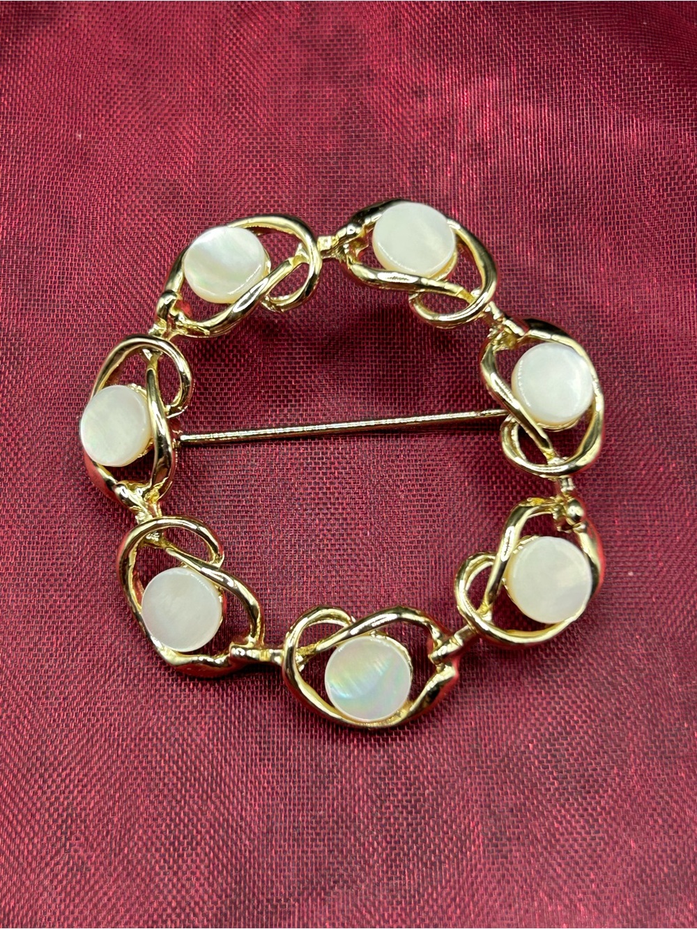 Gold-Tone White Mother-of-Pearl Circular Brooch